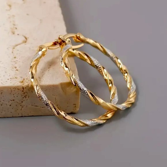 18K Gold & Silver Womens Braided Hoop Earrings Ladies Round Twist Hoops Jewelry